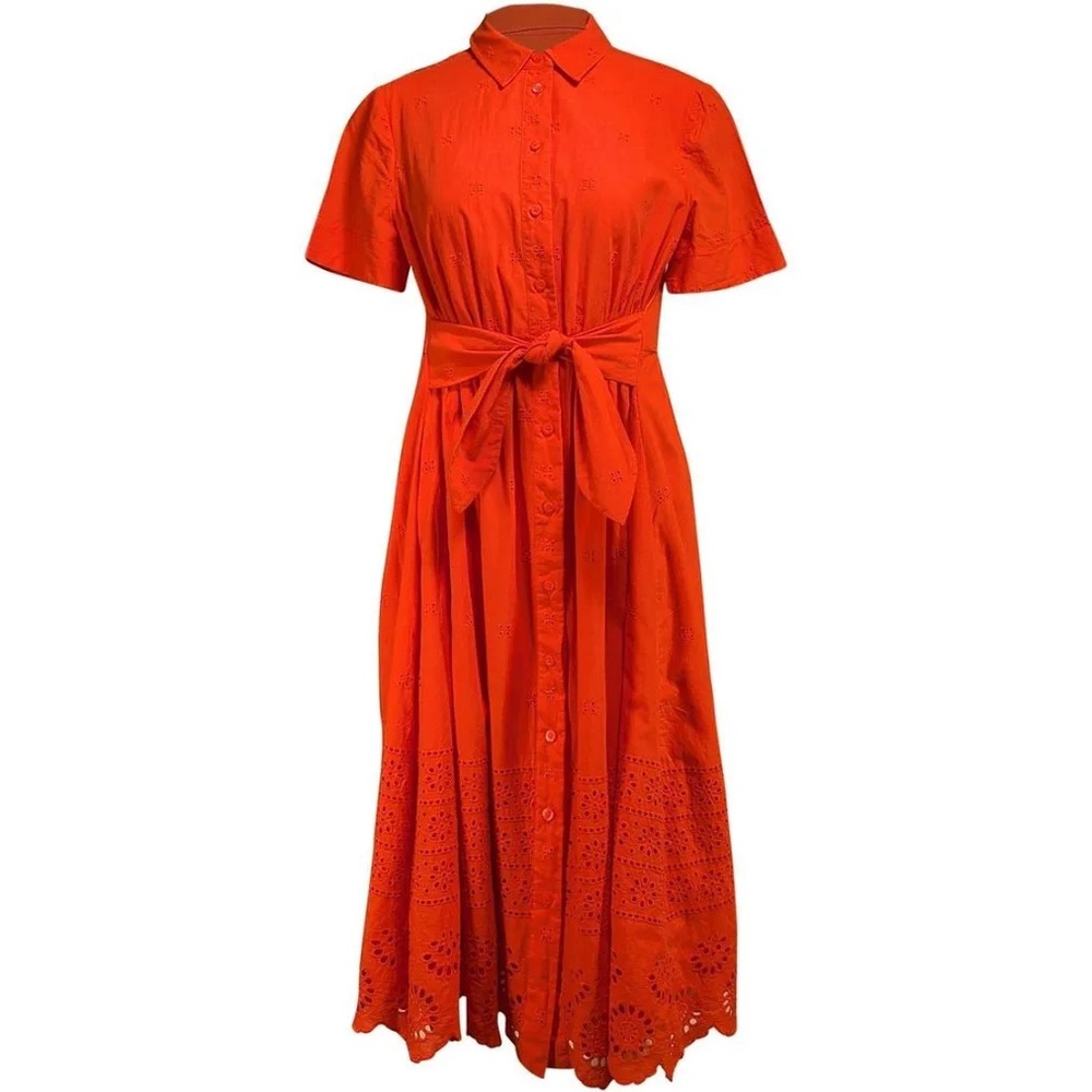 kate spade Bright Orange Eyelet Maxi Shirt Dress with Waist Tie
